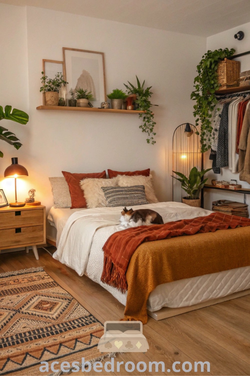 A cozy boho bedroom featuring a bed, dresser, and hanging plants, showcasing earthy and comfy bedroom decor ideas with white walls and a stylish over-the-bed plant shelf. Discover unique ideas and design inspirations for your home at acesbedroom.com.