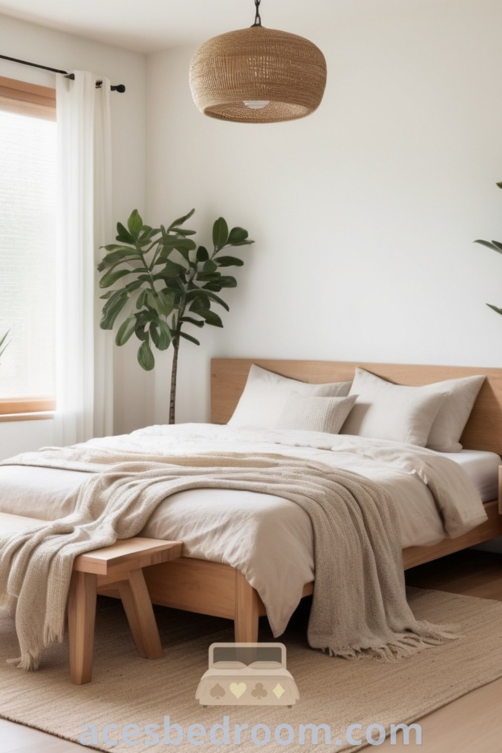 A natural minimalist bedroom design featuring a cozy bed next to a window with potted plants, exemplifying Japandi and Scandi styles. This small bedroom for couples showcases inspiring decor ideas and cozy aesthetic details, offering design tips for a warm and sophisticated look. Find more inspirations at acesbedroom.com.