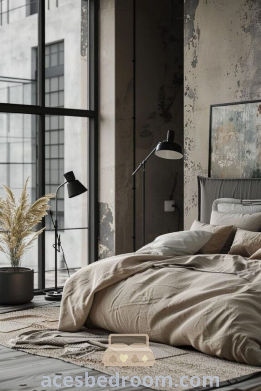 A cozy bedroom with a large bed next to a tall window surrounded by multiple windows, showcasing a warm and inviting atmosphere. This design offers unique decor ideas, perfect for creating a cozy home aesthetic. Discover more inspiring ideas for your home at acesbedroom.com.