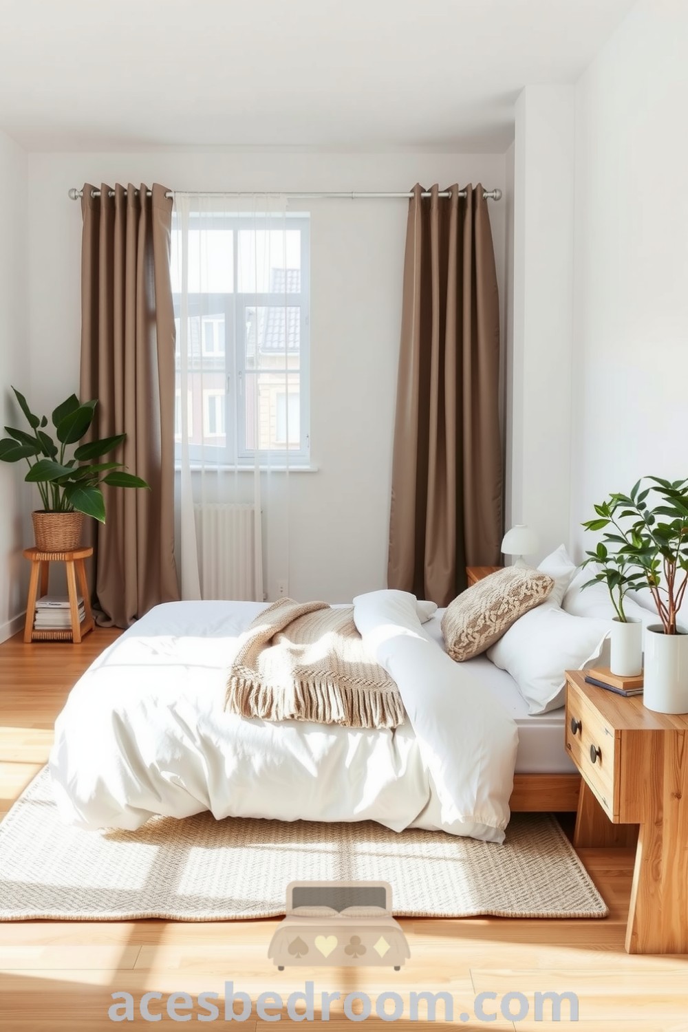 Cozy Scandinavian bedroom features soft white walls, light oak flooring, a low-profile bed with linen sheets and a woolen throw, a reclaimed wood bedside table, and greenery, providing design ideas for a warm and sophisticated look, showcased on acesbedroom.com.