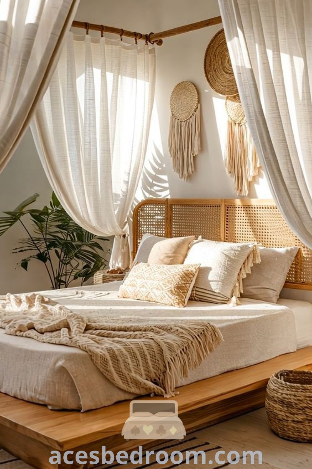 A serene canopy bedroom featuring a bed draped with white curtains and cushioned pillows, next to a vibrant potted plant. This cozy boho bedroom setup offers unique design ideas and decor inspirations for a warm, sophisticated look, perfect for enhancing your home’s aesthetic. Find more at acesbedroom.com.