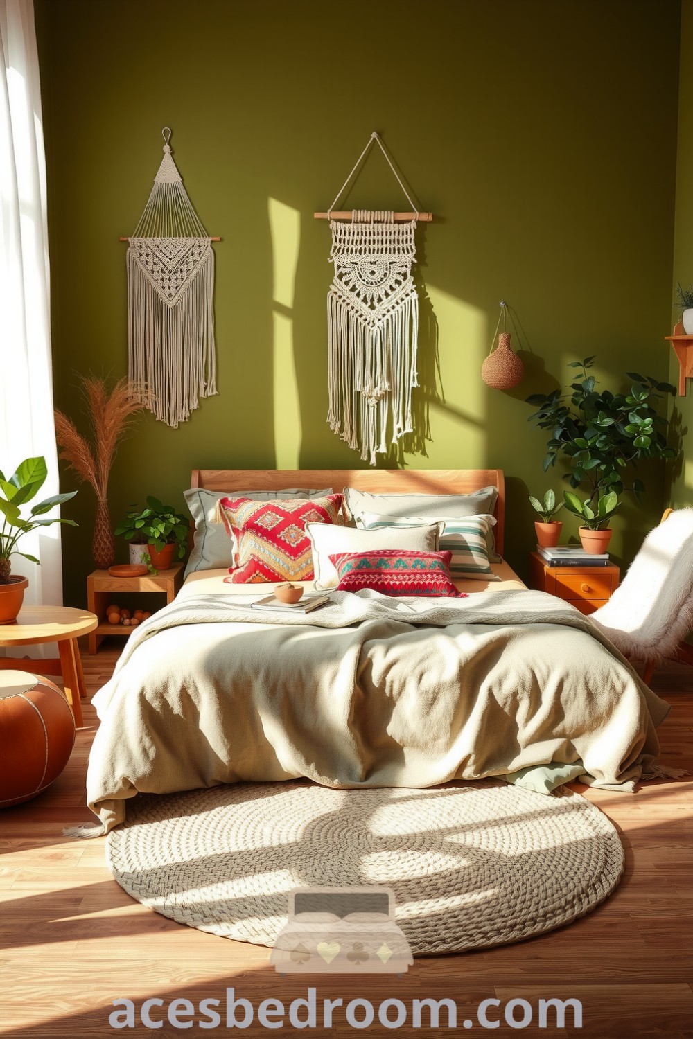 Cozy boho bedroom featuring a warm green accent wall, natural wood furnishings, eclectic throw pillows, a plush woven rug, macramé wall hangings, and potted plants, creating a serene atmosphere and cozy aesthetic, showcased on acesbedroom.com.