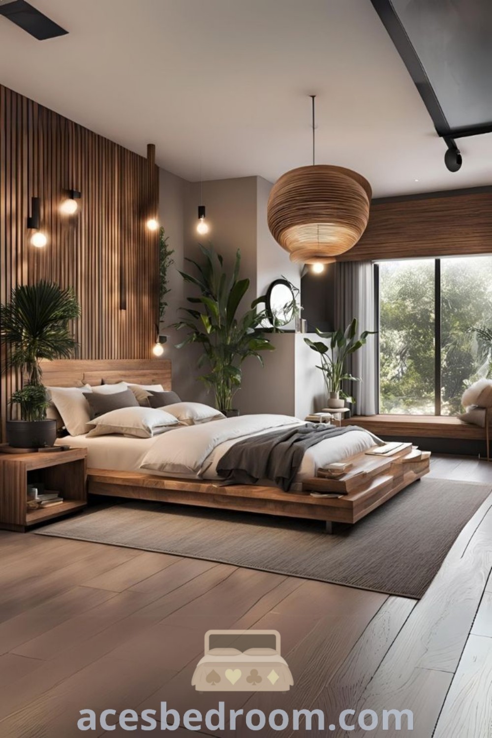 A large bed in a beautifully designed bedroom featuring earthy lighting, wood accents, and plants, showcasing peaceful master bedroom decor ideas. This serene space offers stylish and cozy design tips for creating your haven. Find more unique decor inspirations at acesbedroom.com.