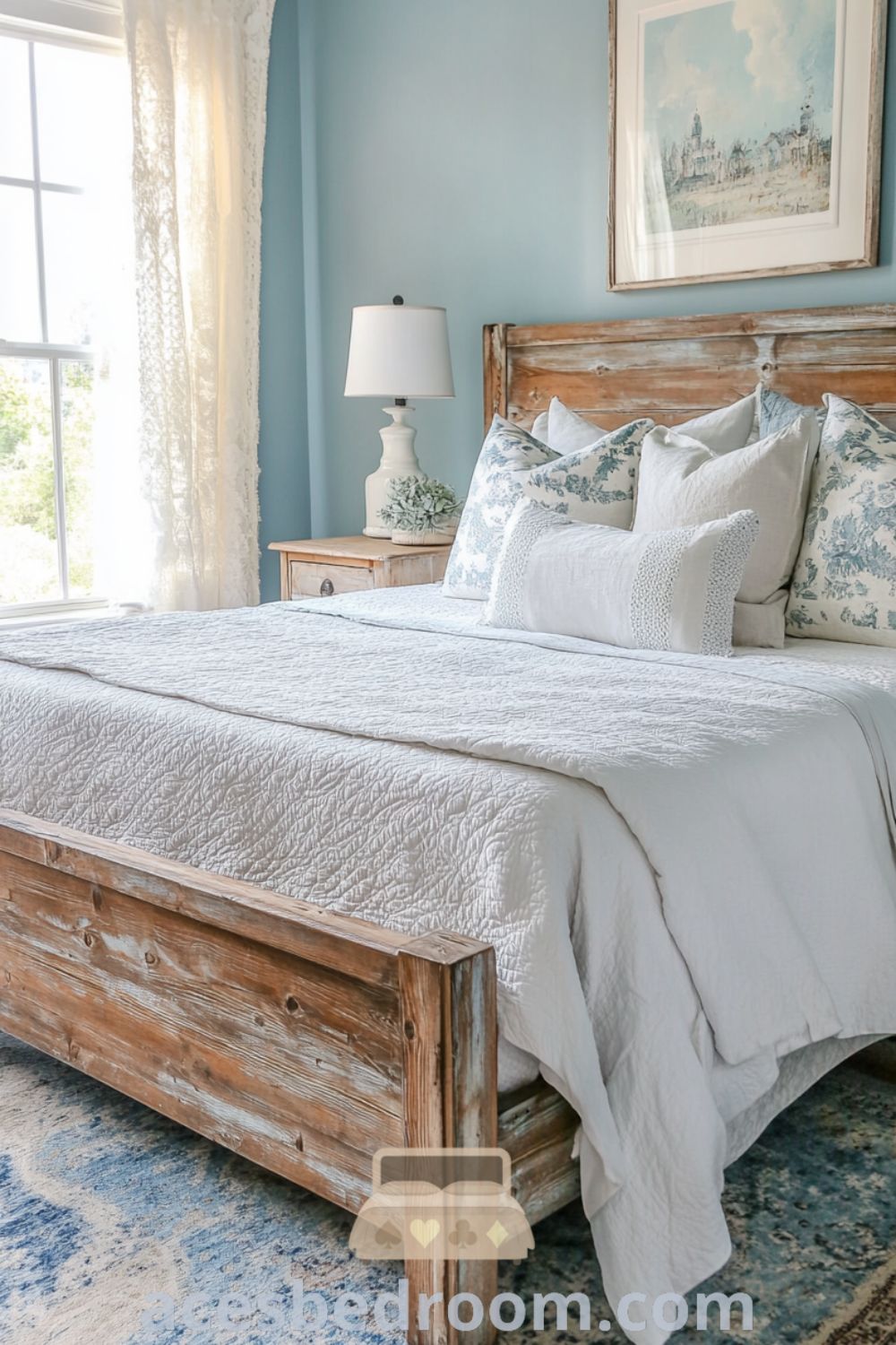 Cozy modern French country bedroom featuring soft blue walls, a distressed wooden bed frame, white quilt, lace-trimmed curtains, porcelain lamps, and a woven rug, with decor inspirations showcased on acesbedroom.com.