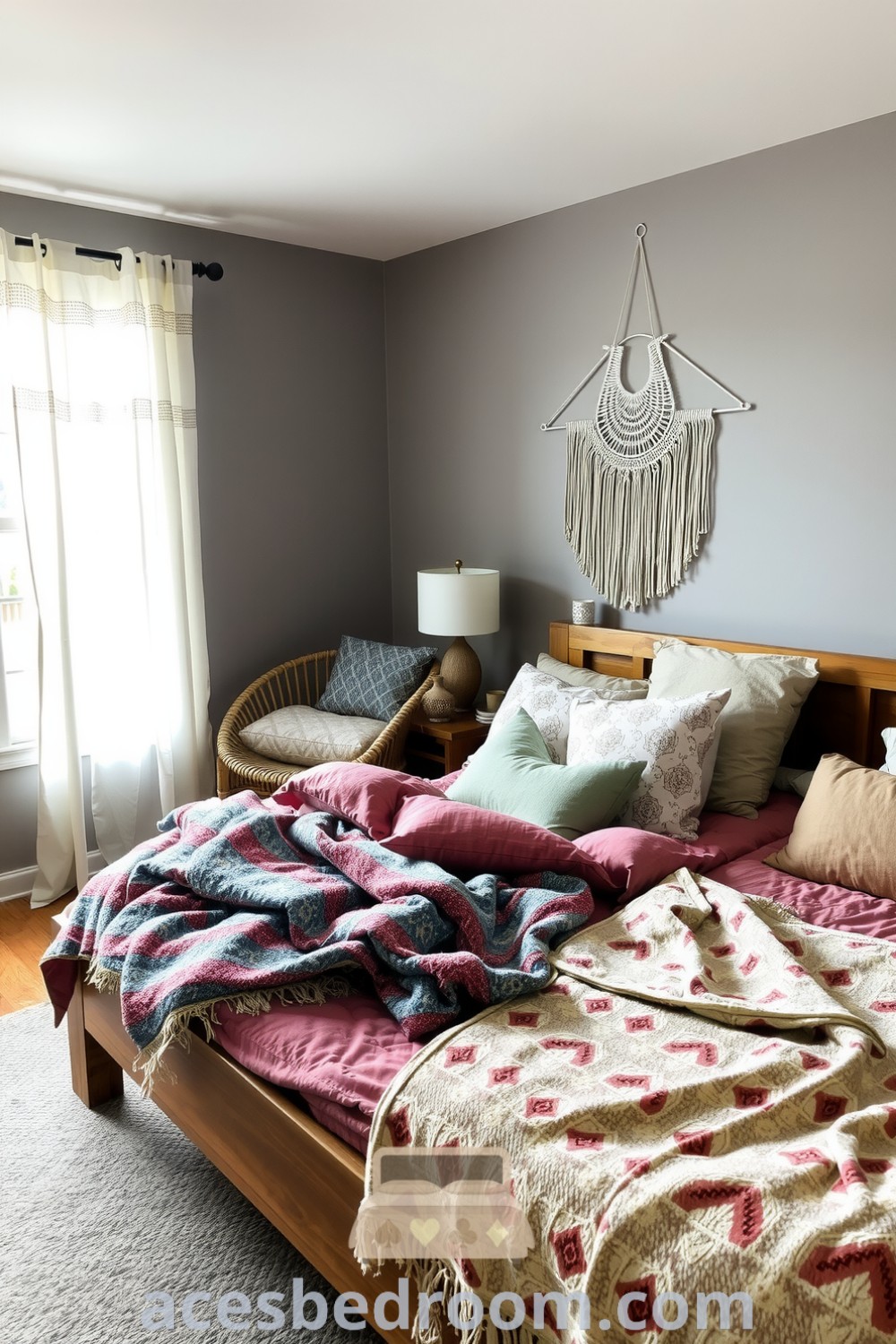 Cozy boho bedroom featuring grey walls, a weathered wooden bed frame layered with patterned throws and mismatched pillows, a rattan chair, and a macramé wall hanging, illuminated by gentle sunlight, showcased on acesbedroom.com.
