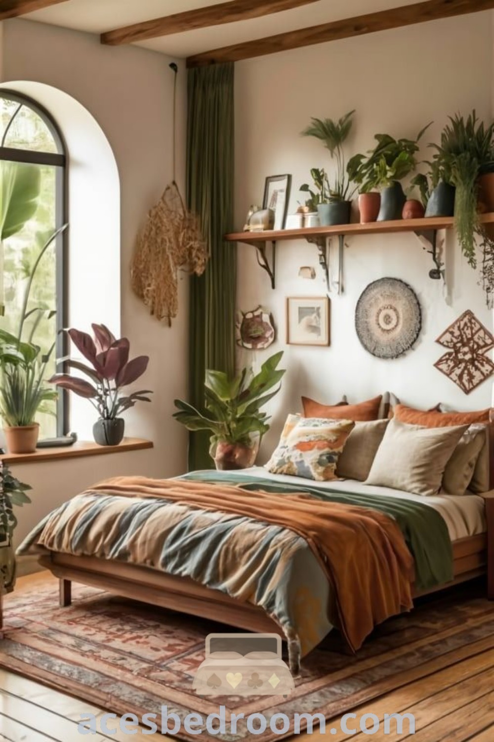 A small boho bedroom featuring a bed near a window with potted plants, showcasing cozy decor ideas and earthy eclectic design elements. This inviting space offers inspiring bohemian bedroom designs perfect for creating a warm and stylish atmosphere at acesbedroom.com.