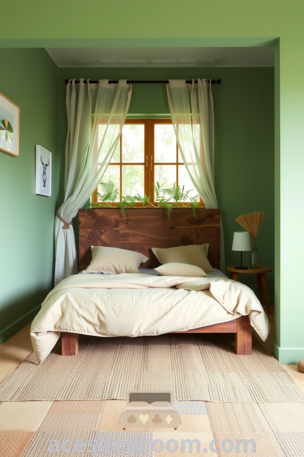 Cozy nature-inspired bedroom with sage walls, a handmade wooden bed draped in an organic cotton quilt, ferns on the windowsill, and a jute rug, illustrating design ideas for a warm and sophisticated look, shared on acesbedroom.com.