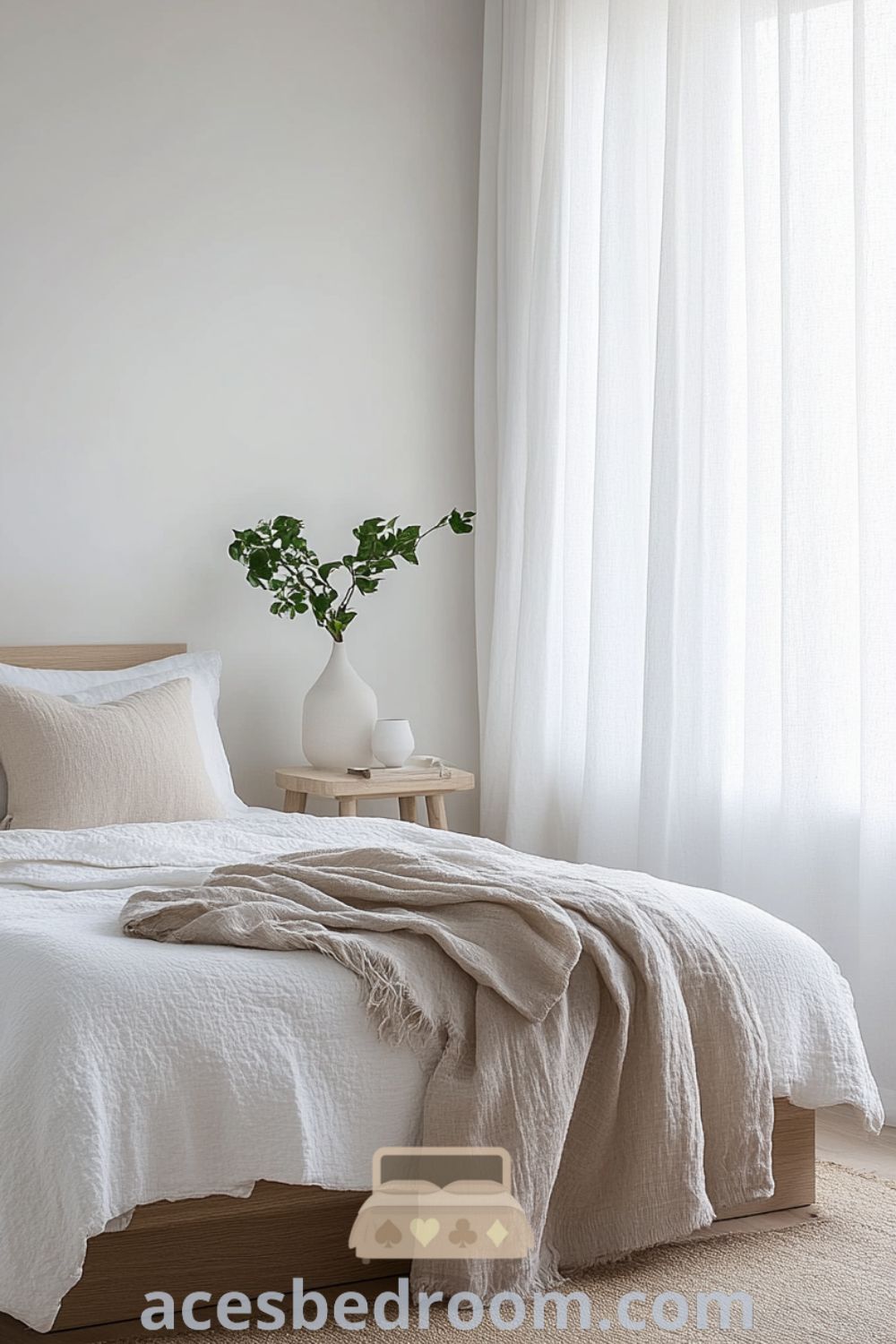 Tranquil Minimalist Bedroom on acesbedroom.com featuring a calming design, neutral palette, soft textures, and uncluttered bedroom decor ideas.
