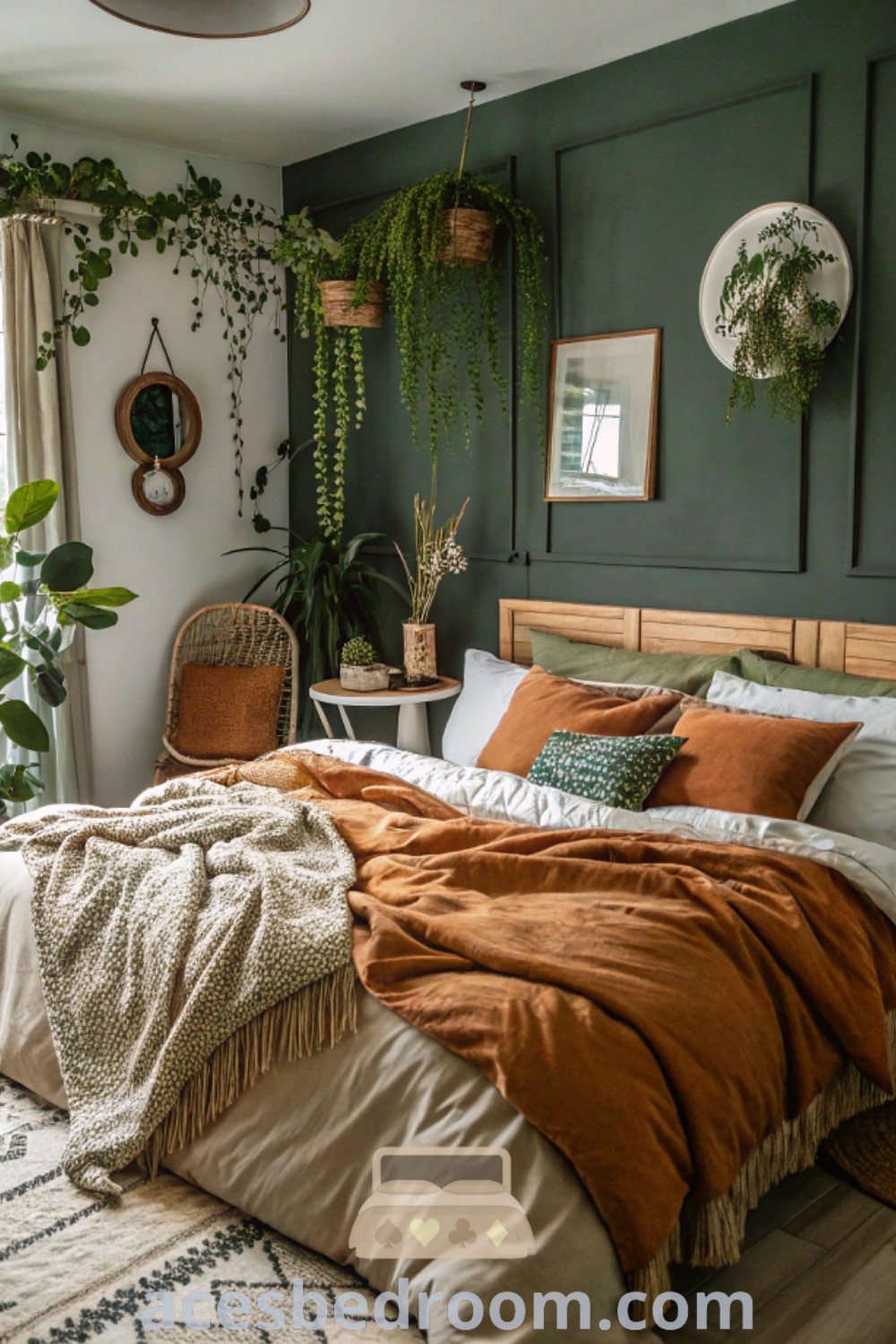 A cozy bohemian bedroom with sage green walls, plants on the headboard, and neutral bed linens. This inviting space combines elements of the green and wood room aesthetic, showcasing burnt orange accents and stylish decor ideas that create a warm atmosphere. Explore more inspiring designs at acesbedroom.com.
