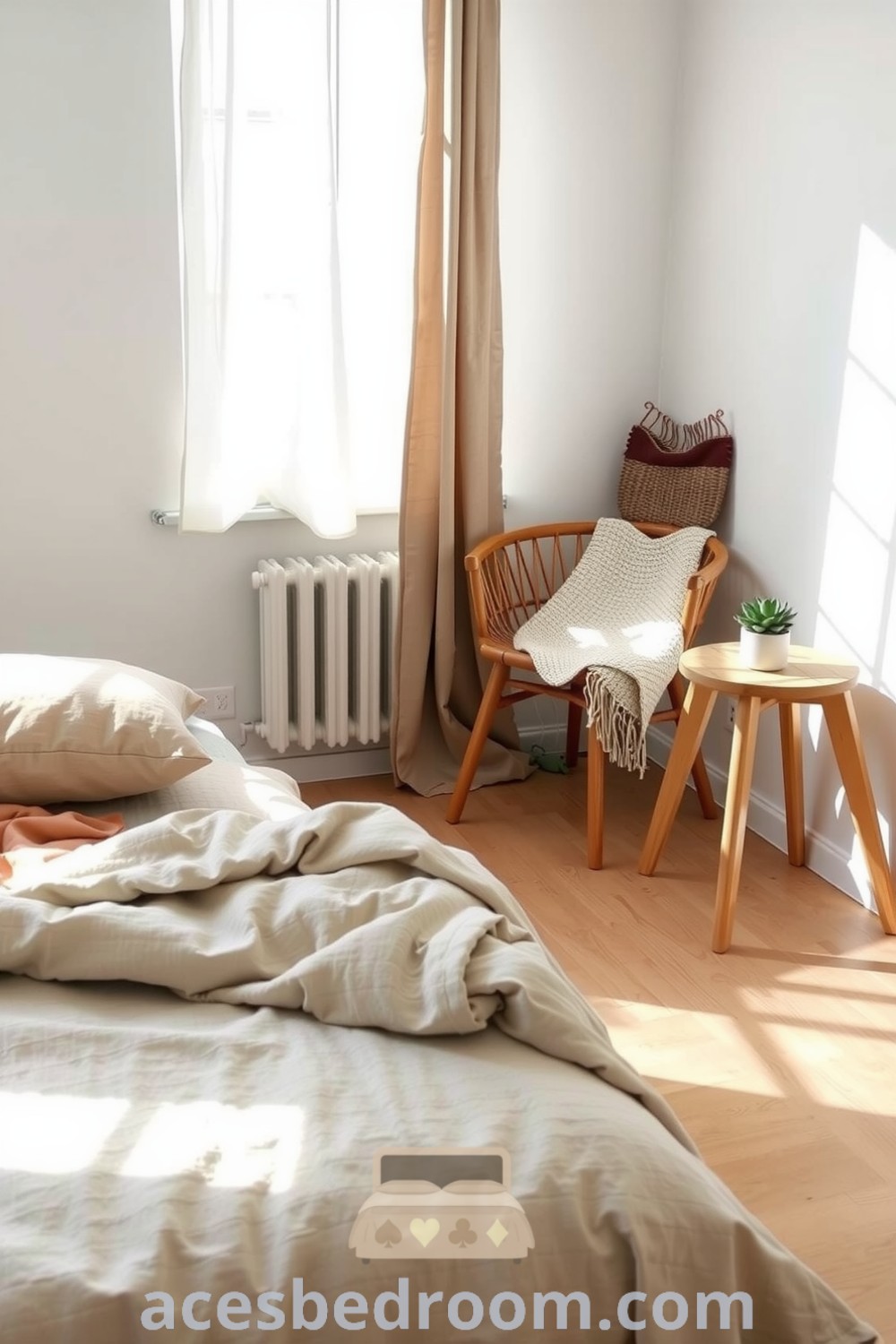 Cozy Scandinavian bedroom with white walls, light oak flooring, textured linen bedding in muted earth tones, a minimalist wooden chair, handwoven blanket, and a rustic bedside table with a potted succulent, all designed to create a tranquil and inspiring atmosphere, featured on acesbedroom.com.