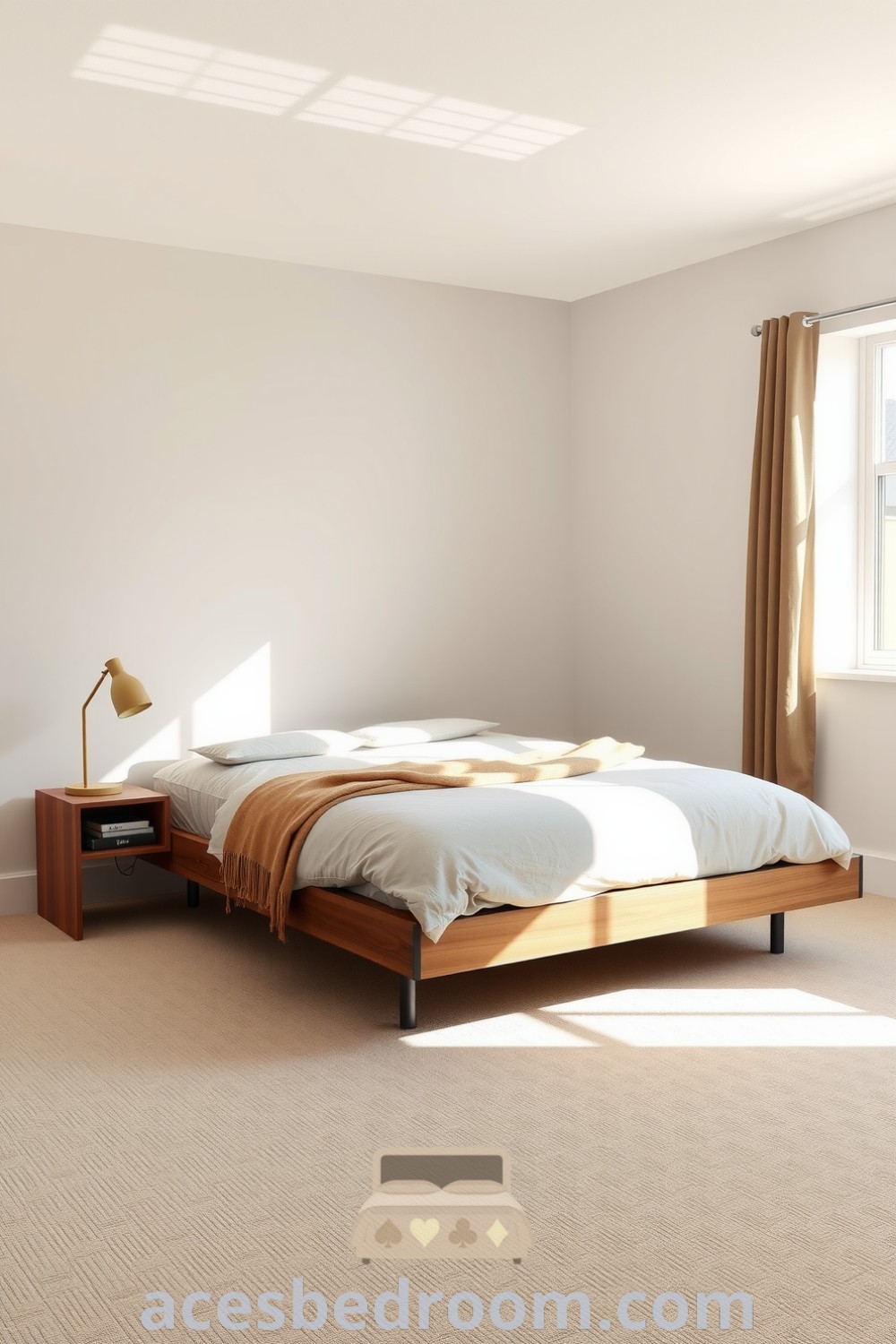 Cozy minimalist bedroom featuring beige walls, natural wood bed frame, light cotton duvet, reclaimed wood bedside table, and warm lamp, illuminated by sunlight, for a stylish and serene aesthetic, showcased on acesbedroom.com.