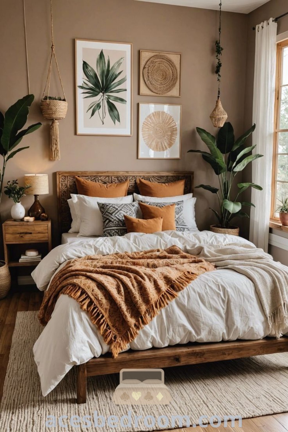 A cozy boho bedroom with a bed topped with pillows and blankets next to a window, showcasing a warm and inviting decor. This design inspires ideas for your home and offers cozy aesthetics, perfect for small bedrooms and room refresh projects. Find more decor ideas at acesbedroom.com.