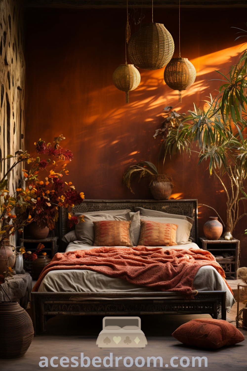 A cozy bedroom with a stylish bed next to a potted plant, showcasing a whimsical design with earthy tones and lush decor inspirations for tiny apartment living. This image offers unique design ideas for creating a tranquil sanctuary in your home. Visit acesbedroom.com for more ideas and inspirations.