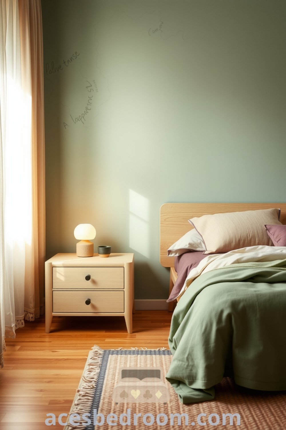 Cozy Japandi bedroom with light wooden furniture, earthy linens, and a soothing green color palette, enhanced by natural light and a handcrafted lamp, creating a tranquil space for relaxation, featured on acesbedroom.com.