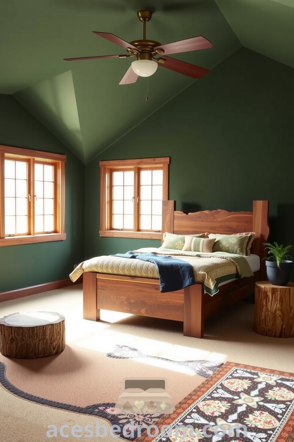 Cozy nature-inspired bedroom featuring earthy green walls, a wooden bed crafted from reclaimed timber, moss-colored bedding with a handmade quilt, and a rustic side table with a potted fern, showcased on acesbedroom.com.