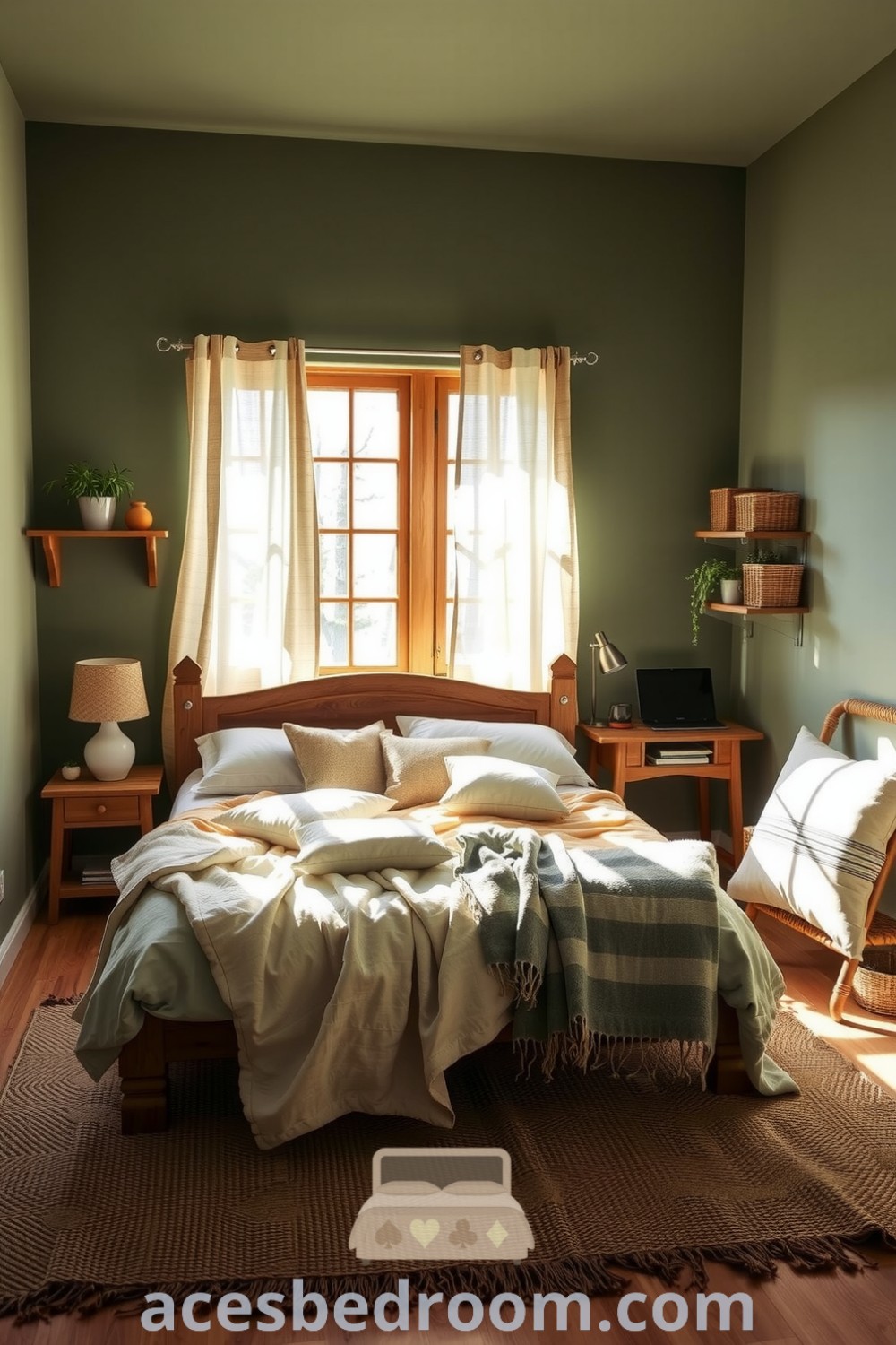 Cozy nature-inspired bedroom with soft green walls, organic cotton blankets, potted plants on reclaimed wood shelves, and a jute rug, designed for a warm and sophisticated look, available for inspiration on acesbedroom.com.