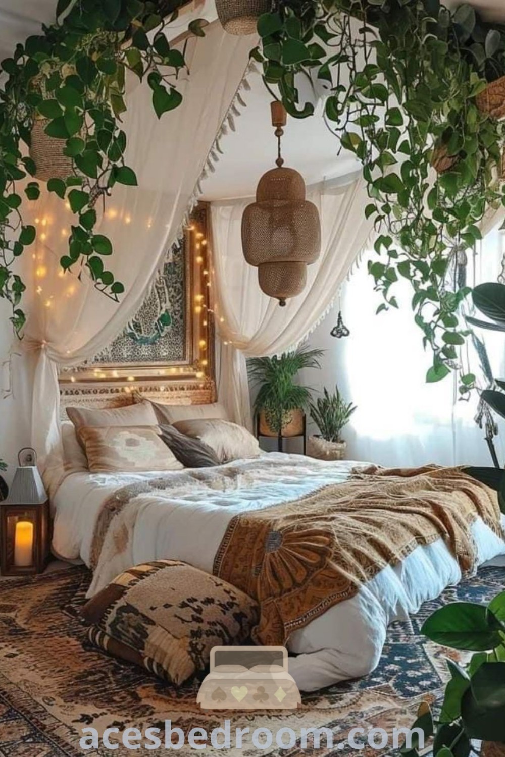 A cozy Arab bedroom featuring a neatly made bed surrounded by plants, embodying a witchy aesthetic and Bohemian decor style. This tranquil environment offers unique ideas and inspirations for a warm and inviting home, showcasing design trends for cozy aesthetics at acesbedroom.com.