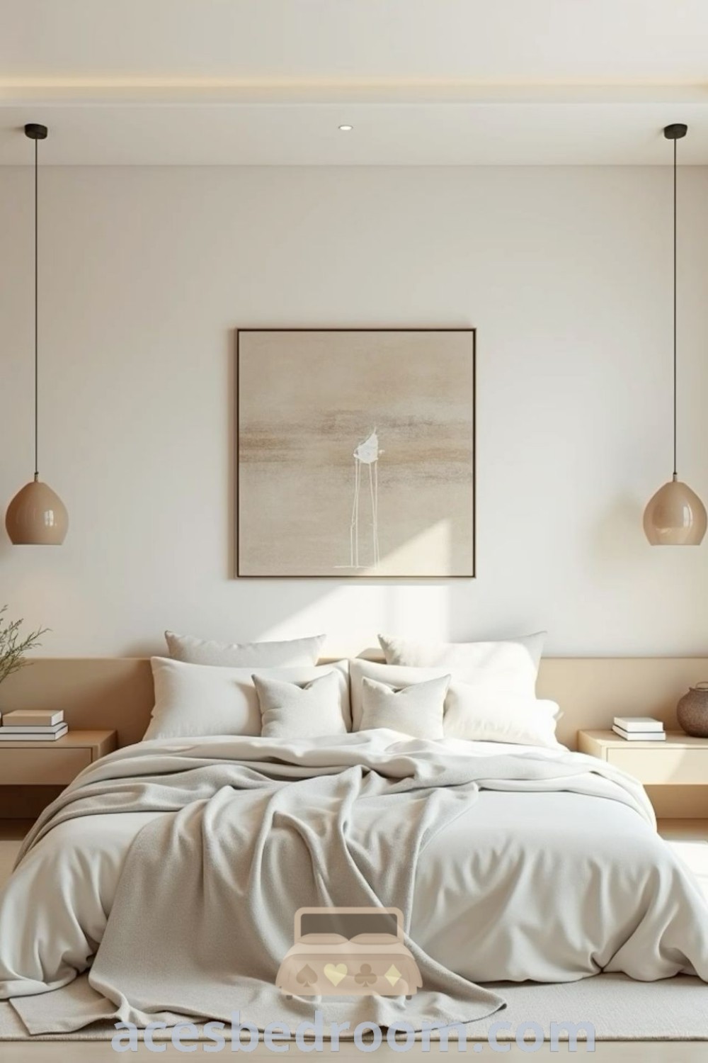 A cozy bedroom with a large bed and two stylish lamps on the side, featuring earthy tones and light wood floors. This inspiring space showcases modern design ideas and minimalist decor for a warm and sophisticated look, perfect for creating a tranquil atmosphere. Discover more cozy inspirations at acesbedroom.com.