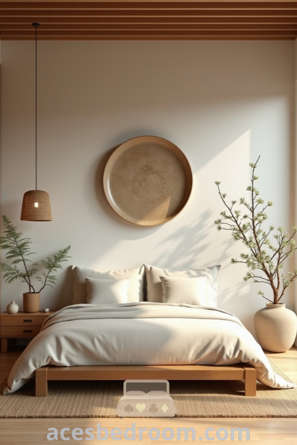 A cozy Japandi bedroom with a ground bed on a wooden floor beside a window, showcasing minimal and stylish decor ideas for a clean and inviting aesthetic. Explore these cozy inspirations and unique designs for your home at acesbedroom.com.