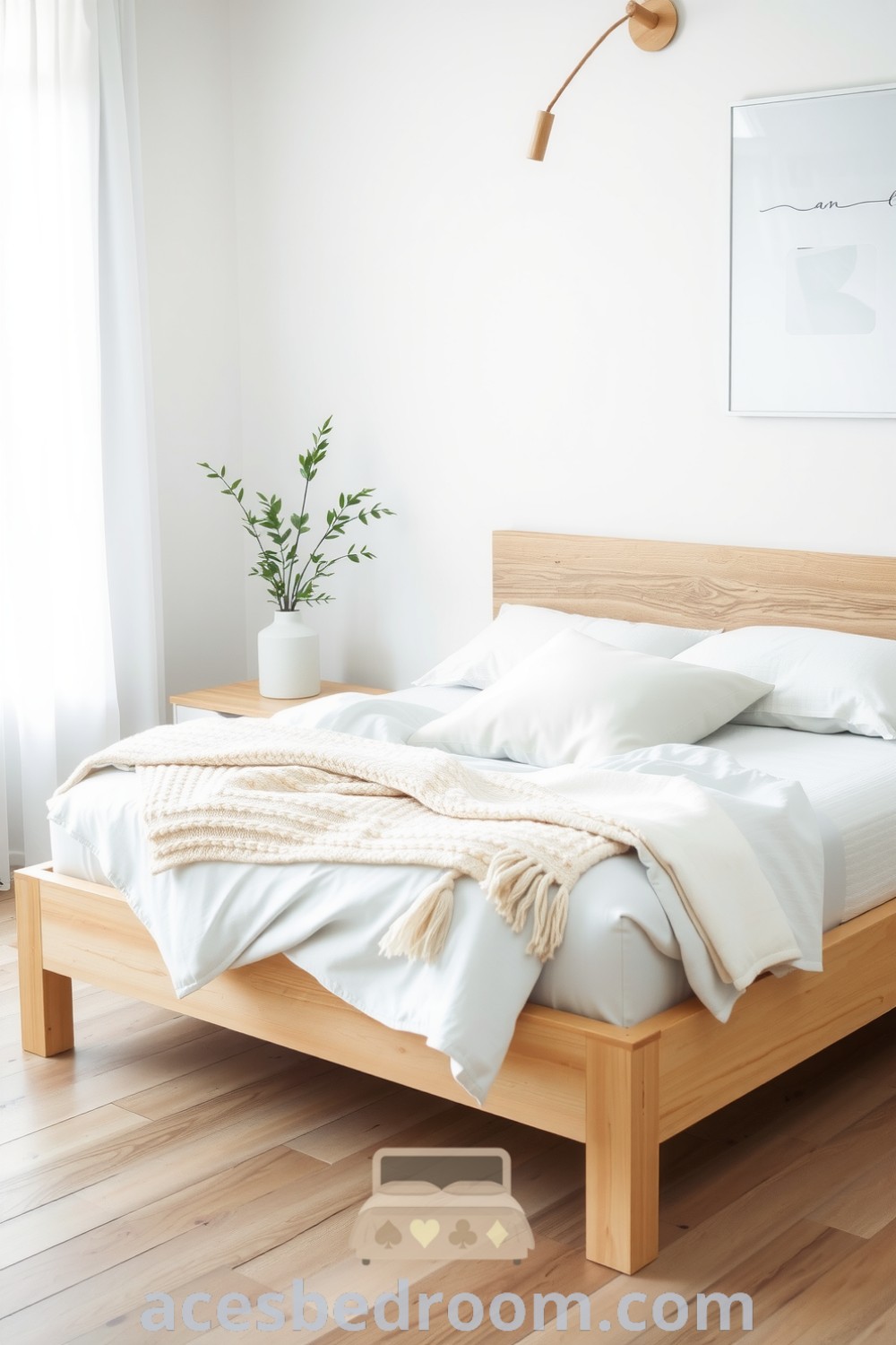 Cozy Scandinavian bedroom with soft whites, pale grays, natural wood elements, fluffy white bedding, chunky knit throws, and sheer linen curtains, designed for a tranquil atmosphere, showcased on acesbedroom.com.