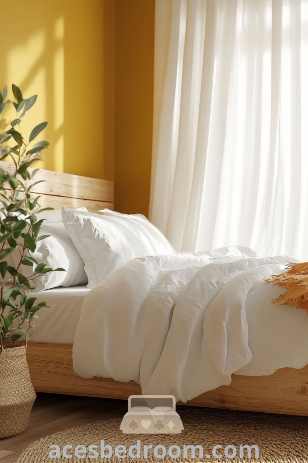 Cozy Scandinavian bedroom featuring a warm yellow hue, light wooden bed frame, plush white duvet, flowing curtains, woven jute rug, and greenery in pots, creating a charming and inviting atmosphere, showcased on acesbedroom.com.