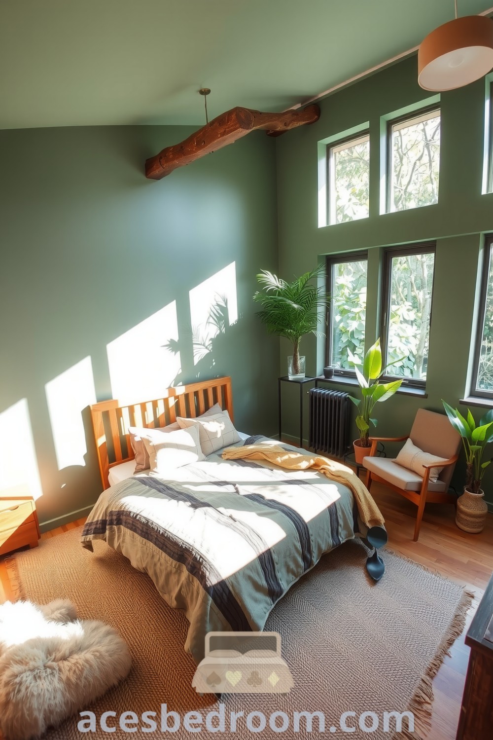 Cozy nature-inspired bedroom featuring soft green walls, natural wood accents, a jute rug, abundant sunlight, earthy bed linens, and potted plants for a tranquil atmosphere, showcased on acesbedroom.com.