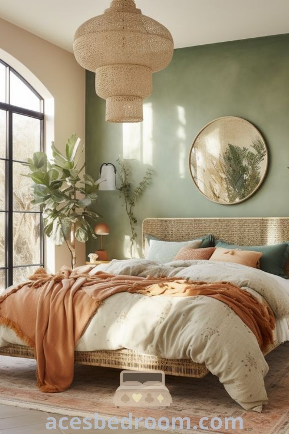 A cozy guest bedroom with green walls, a large bed surrounded by potted plants, embodying a boho chic aesthetic. This botanical boho bedroom design offers inviting decor ideas for a warm and sophisticated look, perfect for enhancing your home. For more inspirations, visit acesbedroom.com.