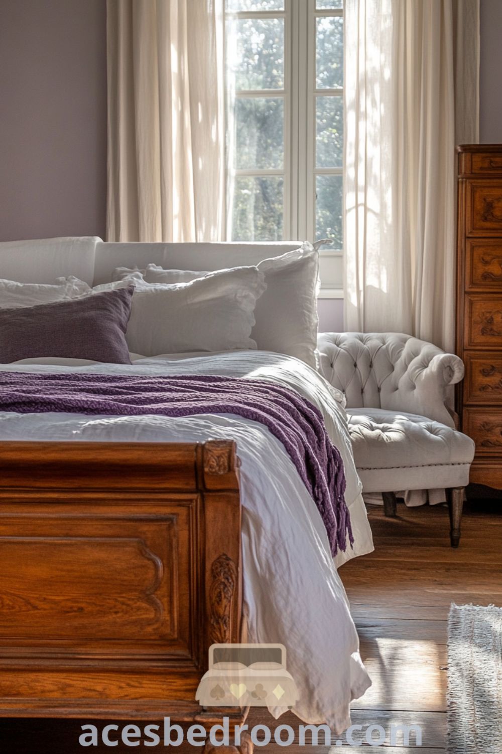 Inviting French Country Retreat on acesbedroom.com featuring a cozy bedroom with soft lavender walls, handcrafted wooden bed, and inspiring decor ideas for your home.