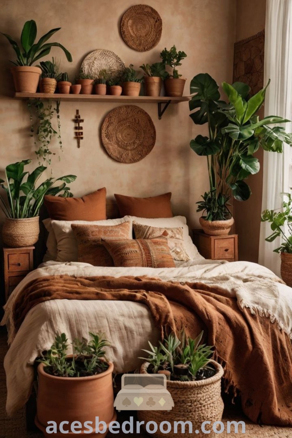 A tranquil earthy bedroom design featuring potted plants on the wall, showcasing a mountain boho aesthetic and earthy brown decor inspirations. This inviting space offers design ideas for a cozy home, emphasizing the earth tones and cozy aesthetics available at acesbedroom.com.