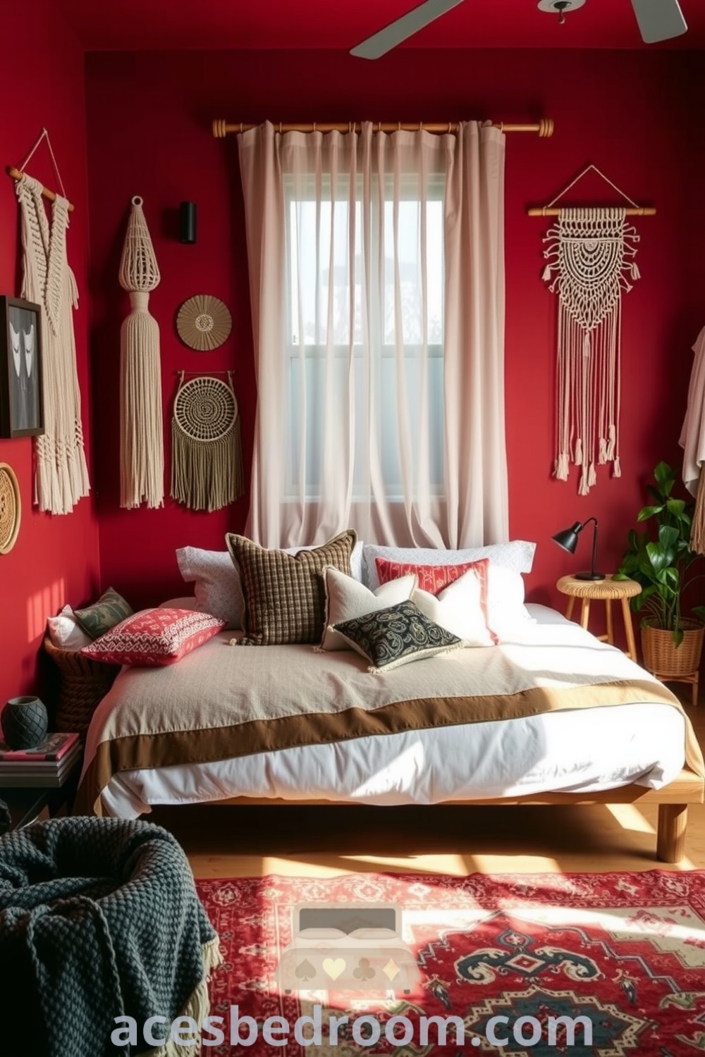 Cozy boho bedroom featuring warm red walls, a low wooden bed frame adorned with patterned pillows and a textured duvet, macramé wall hangings, wicker accents, and an eclectic rug, creating a serene and inviting atmosphere, showcased on acesbedroom.com.