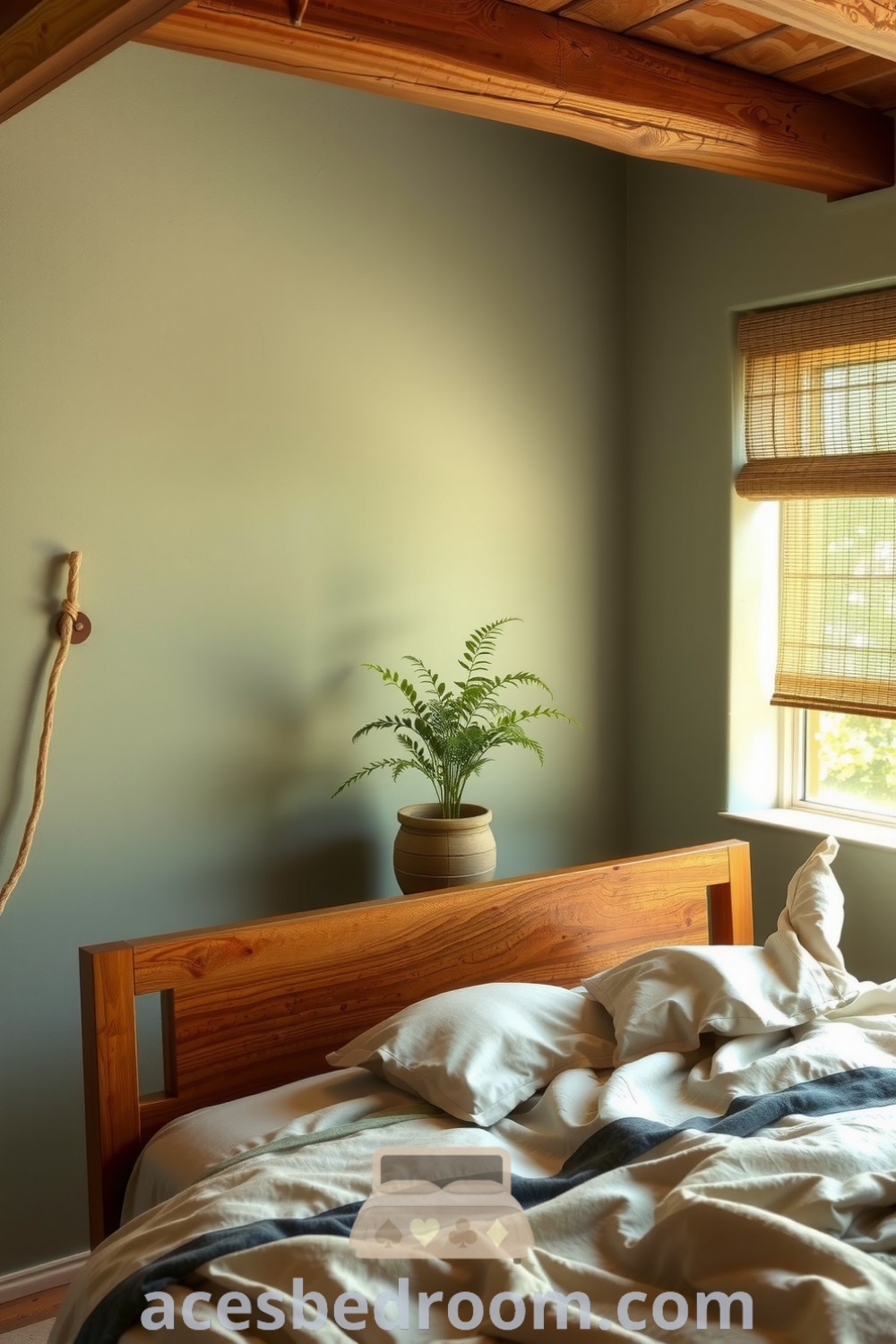 Cozy nature-inspired bedroom featuring rough-hewn wooden beams, a textured wooden bed frame draped in organic cotton linens, a potted fern on the windowsill, and gentle sunlight filtering through bamboo blinds, creating a warm and inviting atmosphere, presented on acesbedroom.com.