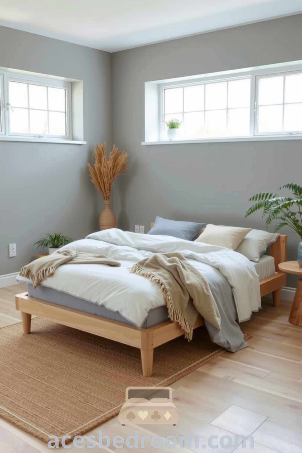 Cozy Scandinavian bedroom featuring gray walls, light wood bed frame, off-white duvet, fluffy pillows, woolen throws, and plants for a serene atmosphere, showcased on acesbedroom.com.