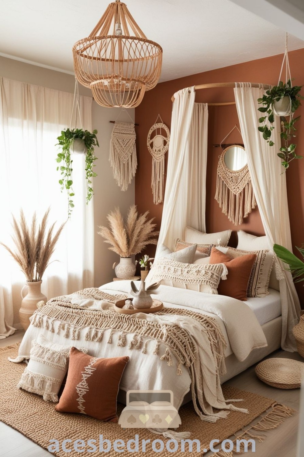 A large bed in an earthy boho bedroom next to a window with curtains and pillows, showcasing cozy ideas and inspiring fall bedroom decor inspirations. This decor reflects boho chic interior design trends, providing unique ideas for a warm and sophisticated look. Explore more at acesbedroom.com.