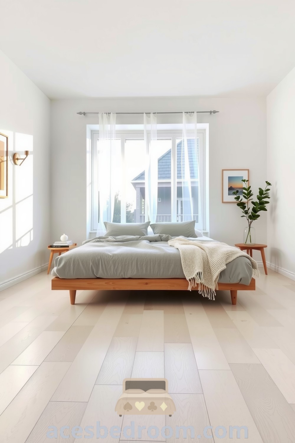 Cozy Scandinavian bedroom featuring pale wood flooring, whitewashed walls, a low wooden bed with gray linens and knitted throws, complemented by minimalist decor and a large sheer window, showcased on acesbedroom.com.