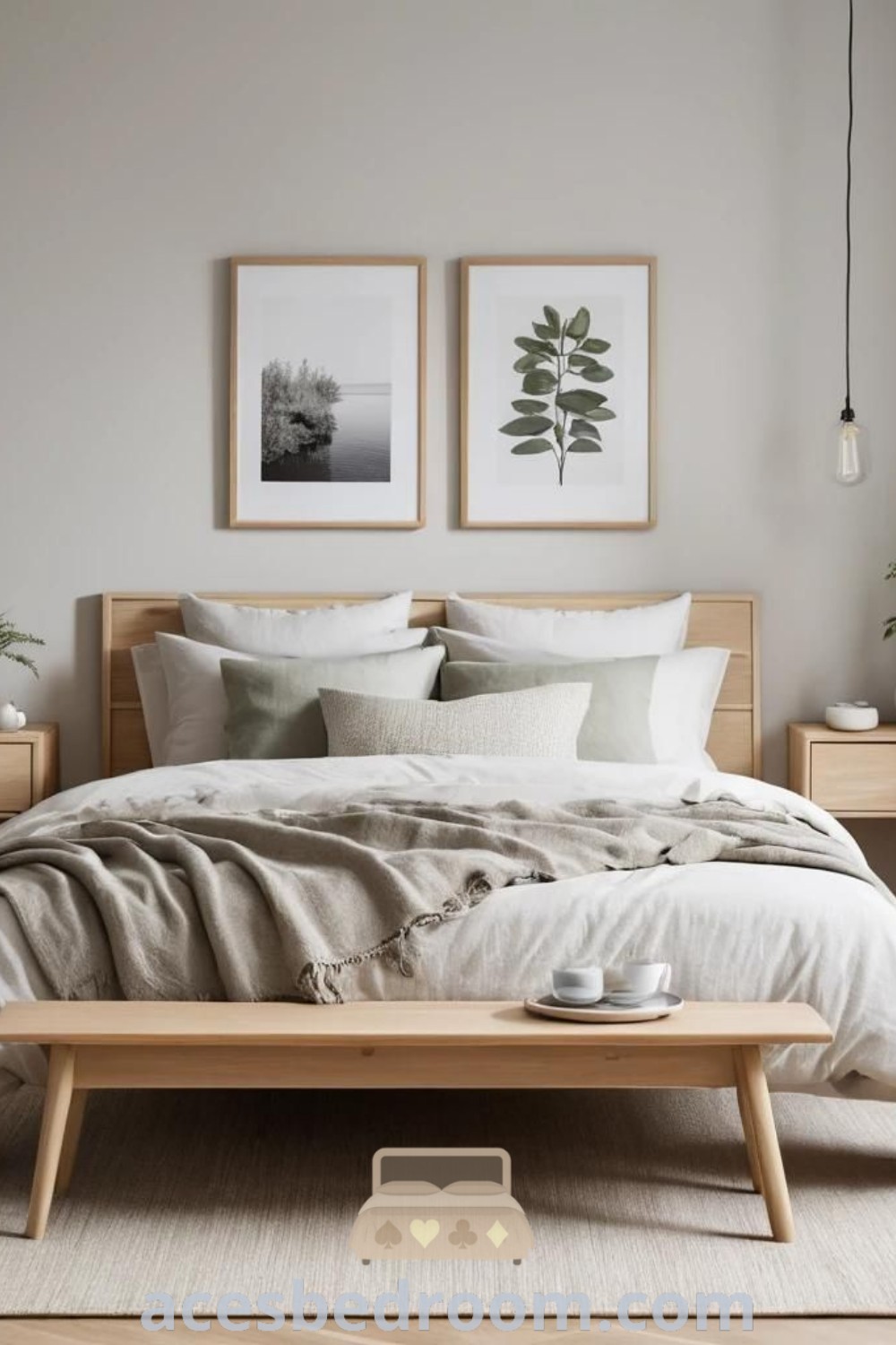 A cozy Scandinavian bedroom showcasing minimalist wood furniture, two pictures on the wall above the bed, and a coffee table in front. This design offers inspiring decor ideas for a warm and sophisticated look, perfect for creating a cozy home. Discover more at acesbedroom.com.
