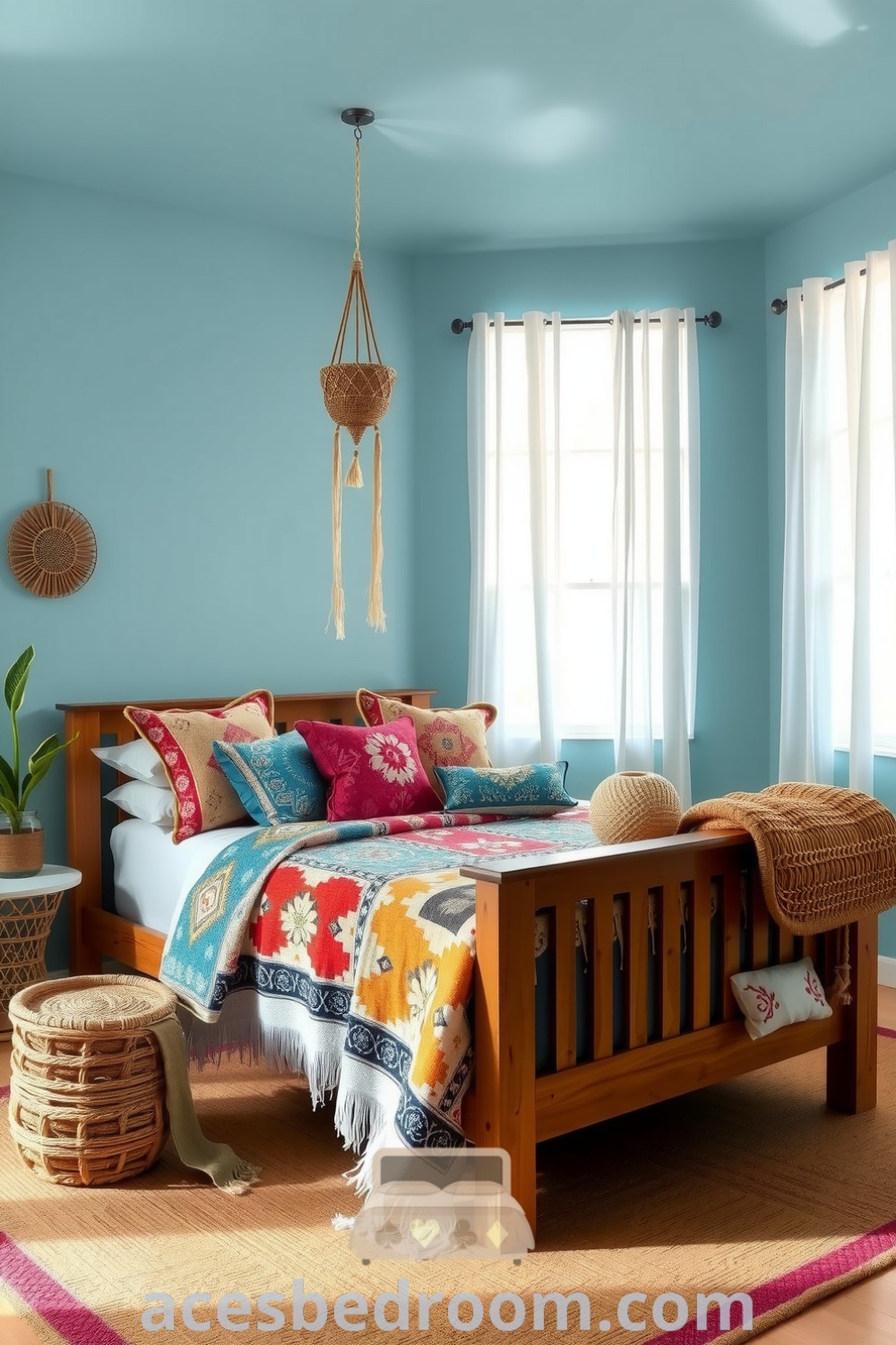 Cozy boho bedroom with soft blue walls, a wooden bed frame adorned with vibrant quilts and embroidered pillows, a rattan chair, hanging plants, and a woven rug, creating a serene and inviting atmosphere, featured on acesbedroom.com.