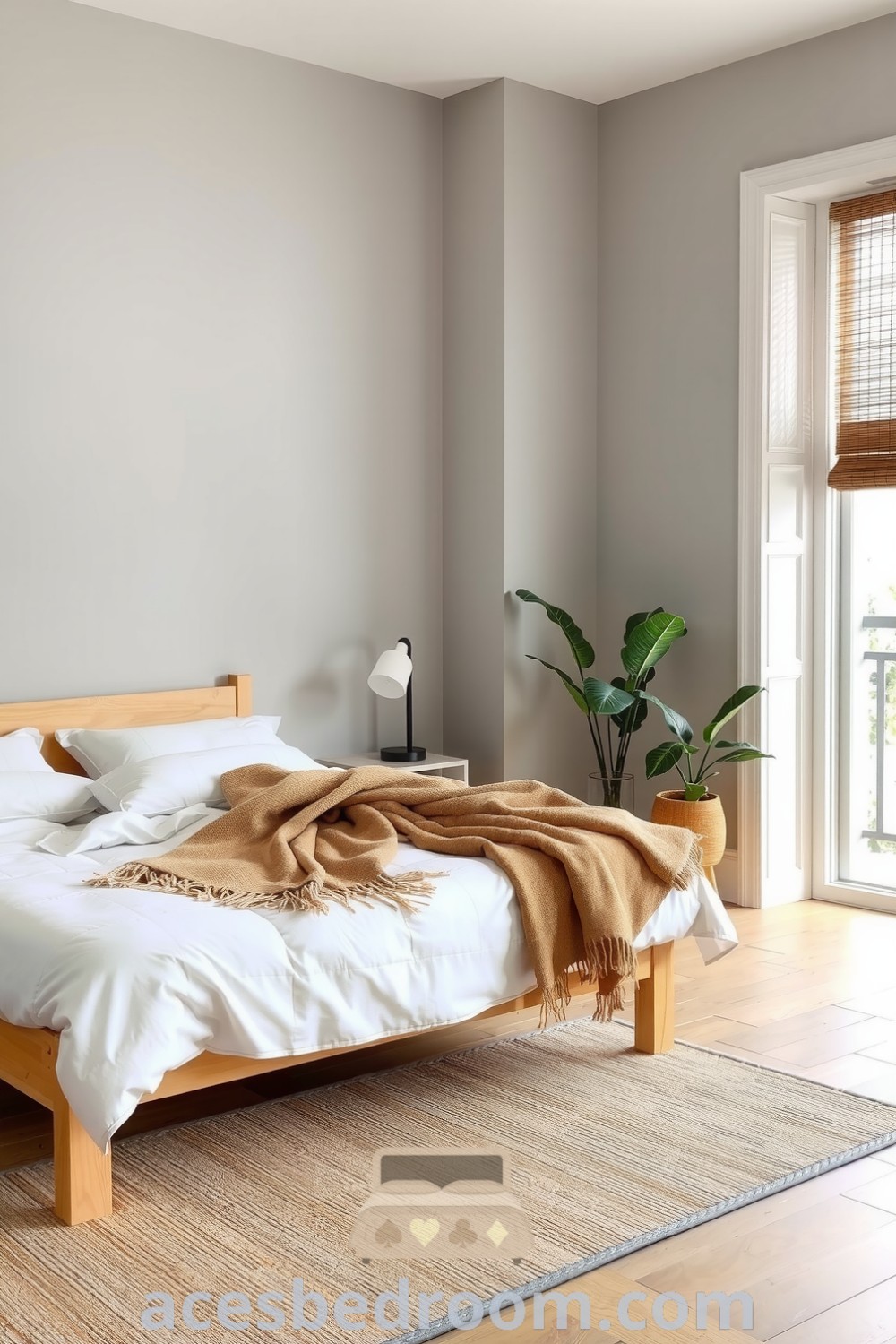 Cozy Scandinavian bedroom with soft gray walls, light oak bed frame, white duvet, earth-toned throw blankets, potted greenery, and warm wooden floorboards, offering stylish decor ideas and inspirations for a serene home atmosphere, showcased on acesbedroom.com.