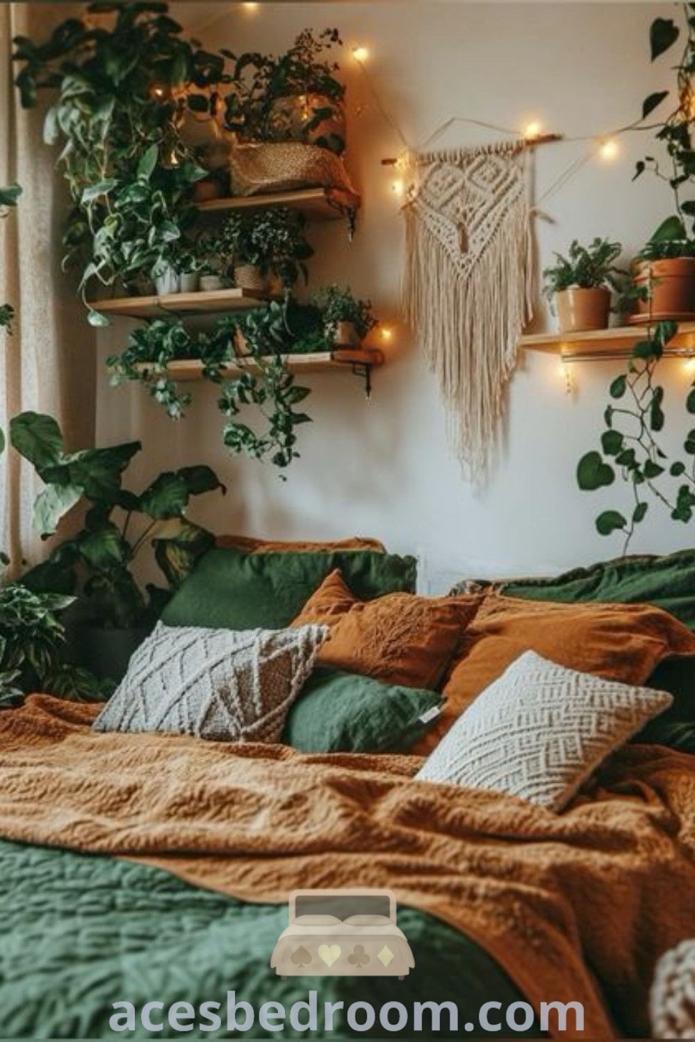 A cozy boho green bedroom featuring plants on a canopy bed, highlighting greenery bedroom decor and a plant-themed aesthetic. This earthy vintage space includes a plant shelf above the bed, offering stylish design ideas for a warm and sophisticated look. Discover more design inspirations at acesbedroom.com.