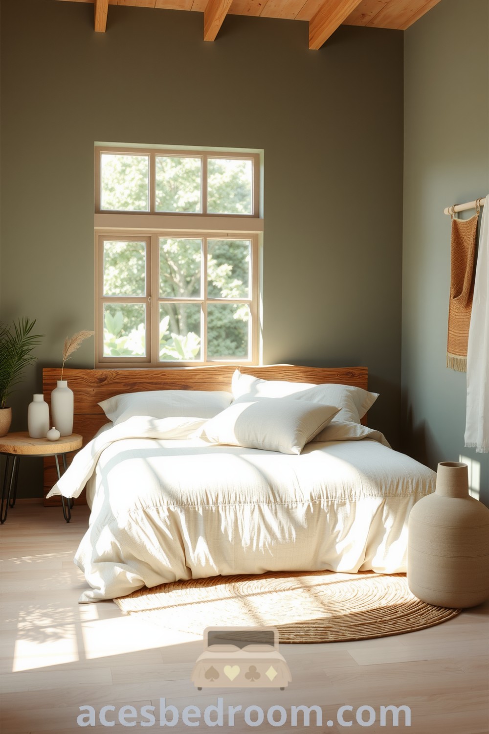 Cozy nature-inspired bedroom featuring calming sage green walls, a rustic wooden bed frame, cream quilt, earth-toned pillows, woven jute rug, plants, and ceramic decor, designed for a warm and sophisticated look, showcasing ideas for inspiration and unique decor ideas on acesbedroom.com.