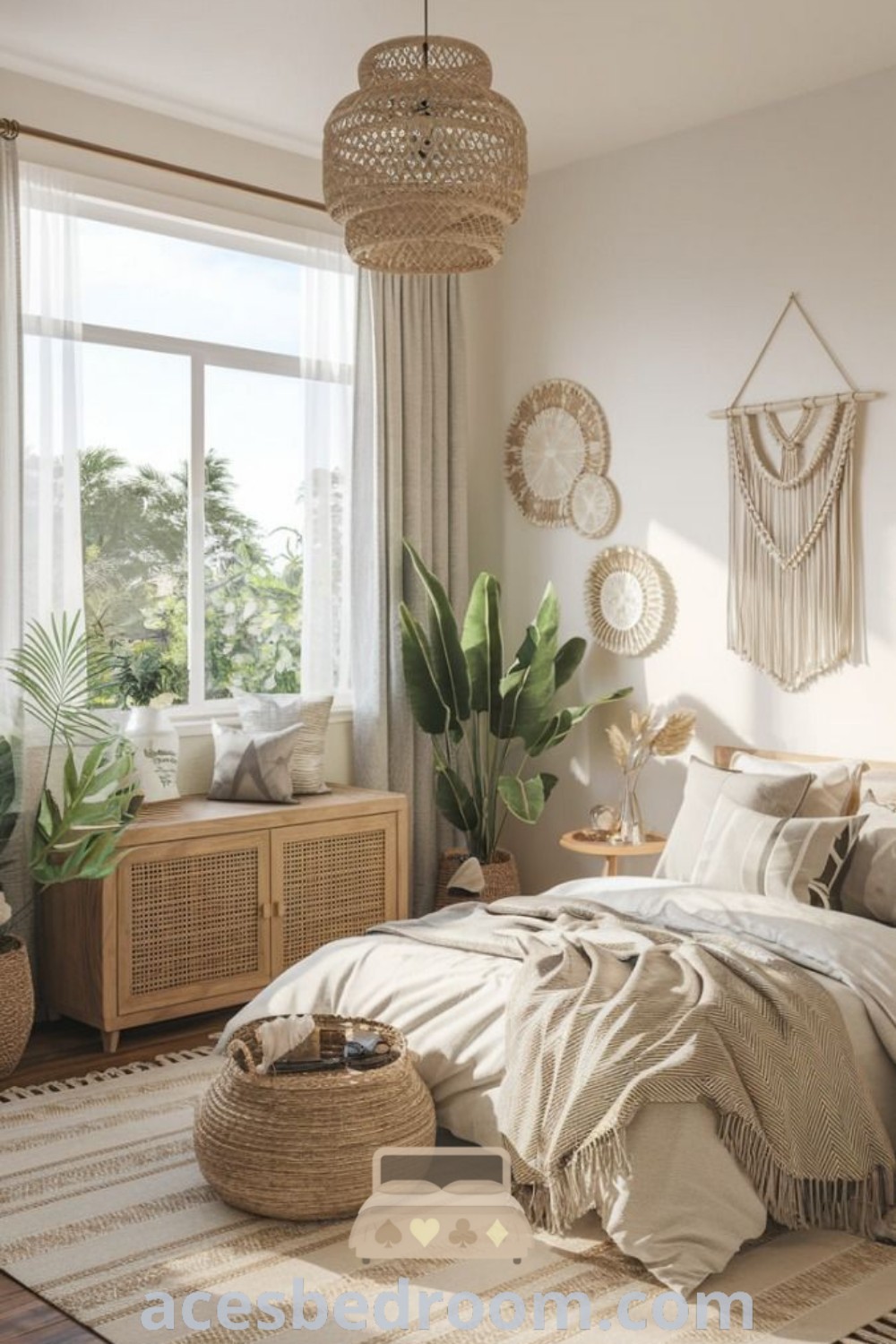 A large bohemian bedroom with a white wooden bed, natural wooden floor, and plants in home decor, showcasing modern boho style and chic design ideas for a cozy aesthetic. Ideal for relaxing, this space offers inspiring decor inspirations for your home. Explore more at acesbedroom.com.