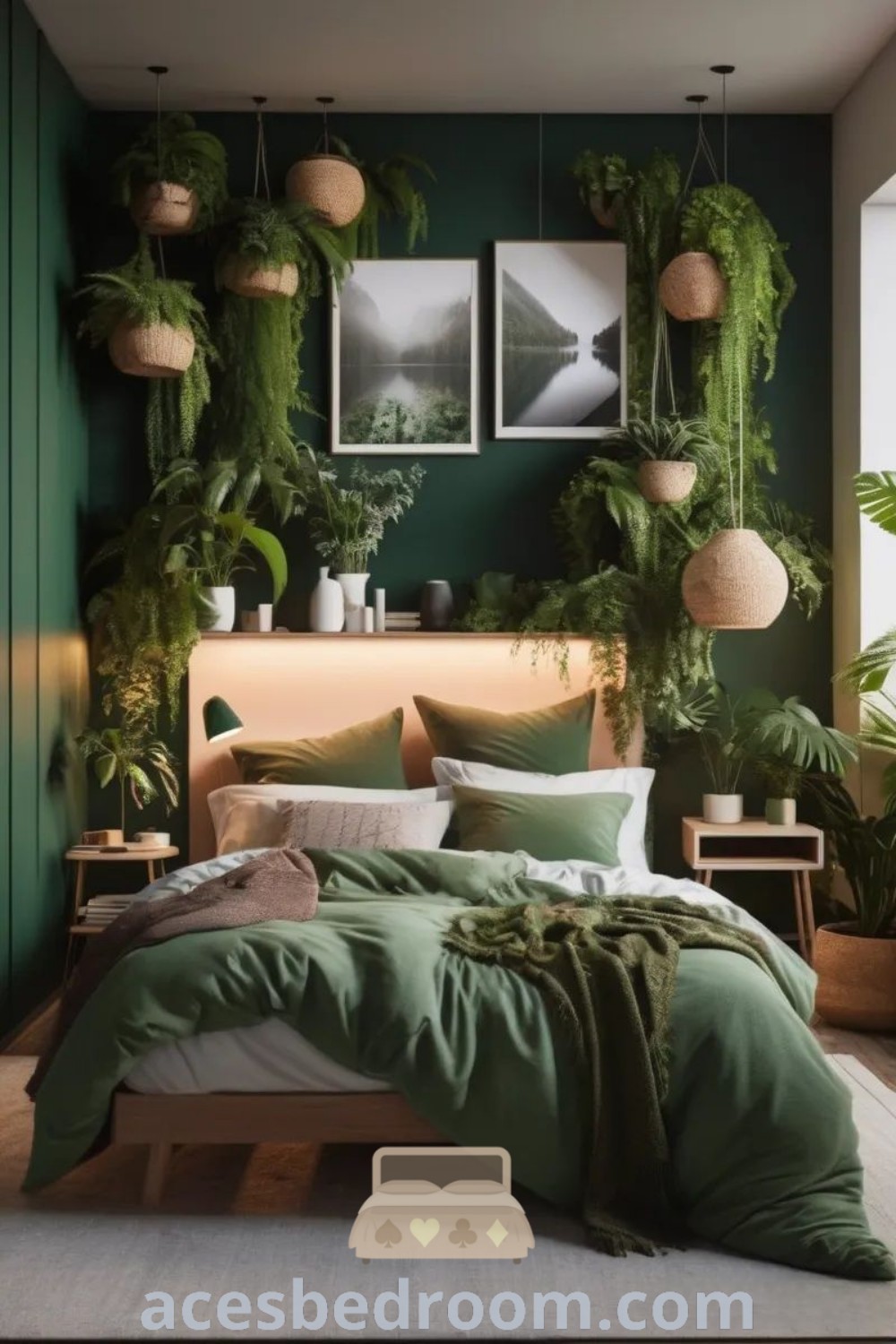 A beautifully designed bedroom with green walls, hanging plants, and a cozy bed, embodying the essence of botanical and rainforest bedroom aesthetics. This inviting space showcases green nature wallpaper and decor ideas that inspire a warm and sophisticated look. Find more ideas for your home at acesbedroom.com.