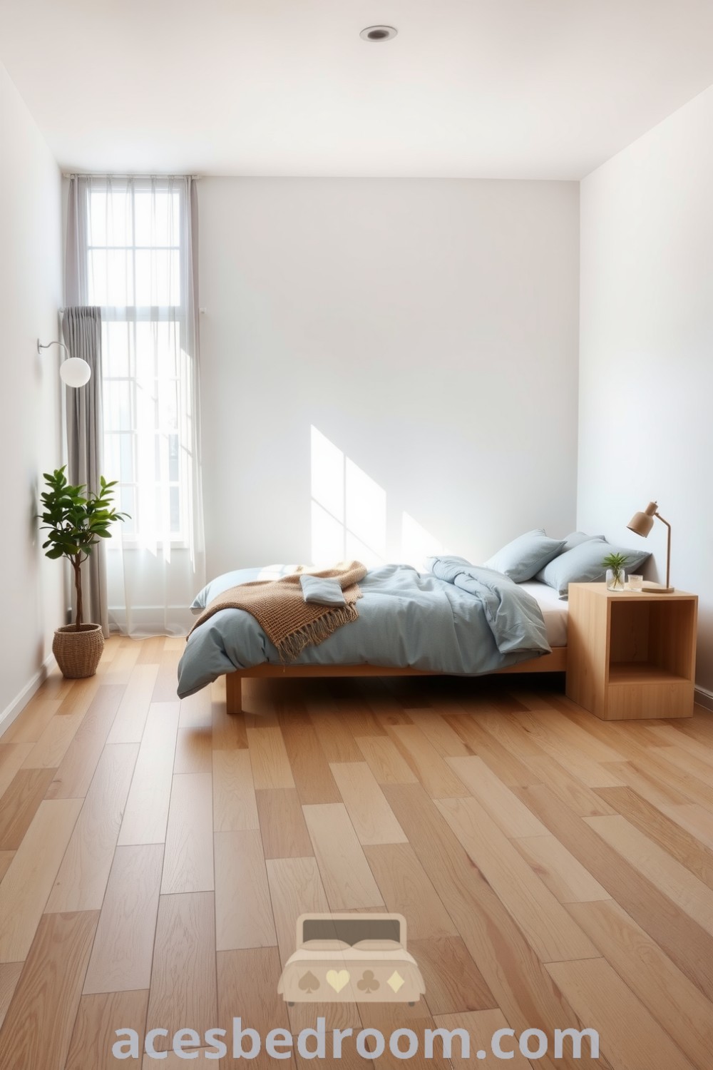 Cozy Scandinavian bedroom featuring white walls, a light oak wooden floor, a minimalist bed with a soft gray duvet, hand-crafted nightstands, delicate ceramic lamps, large sheer-framed windows, and a potted plant, presenting cozy ideas and inspiring decor ideas for a warm and sophisticated look, found on acesbedroom.com.