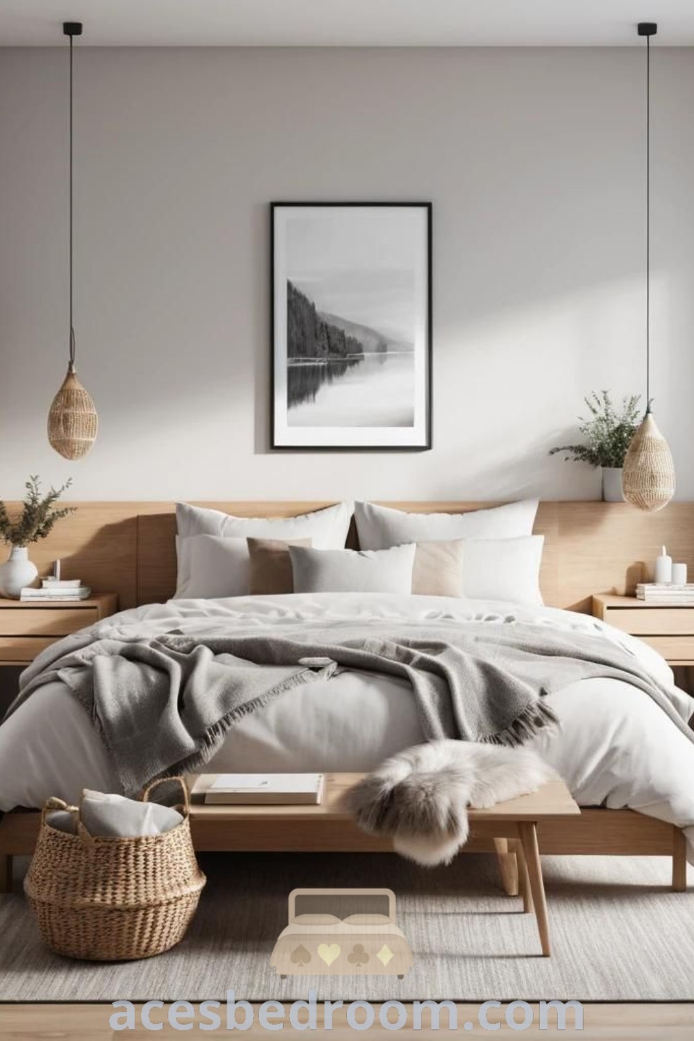 A cozy Scandinavian bedroom with white walls, wooden furniture, and grey linens creates a stylish and inviting atmosphere. This decor inspiration highlights design ideas for couples, blending neutral aesthetics with warm touches. Discover more unique ideas for your home at acesbedroom.com.