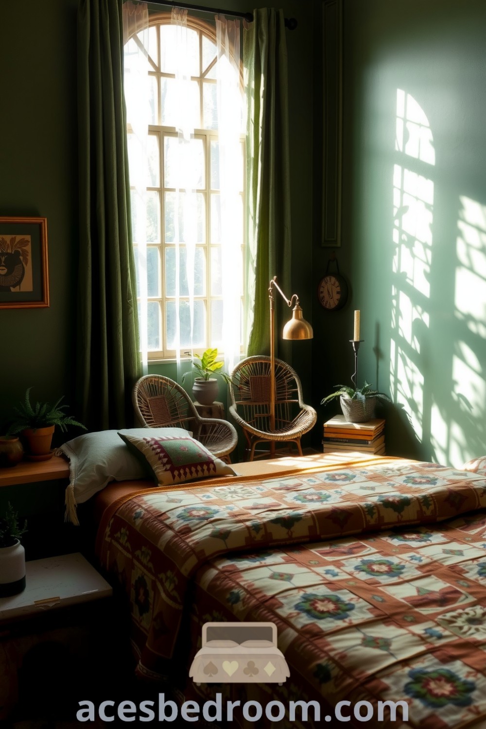 Cozy nature-inspired bedroom with green walls, a handcrafted wooden bed adorned with a quilt, vintage wicker chairs, and rustic accents like a stone-topped table and potted ferns, creating a serene and inviting atmosphere for relaxation, featured on acesbedroom.com.