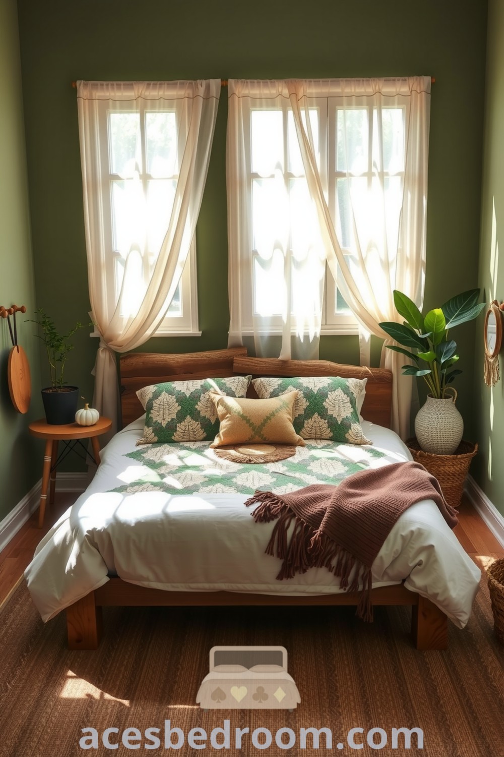 Cozy nature-inspired bedroom featuring soft green walls, a handcrafted wooden bed, natural fiber quilt, rustic decor, potted plants, and sheer leaf-patterned curtains, creating a calming atmosphere perfect for relaxation, showcased on acesbedroom.com.