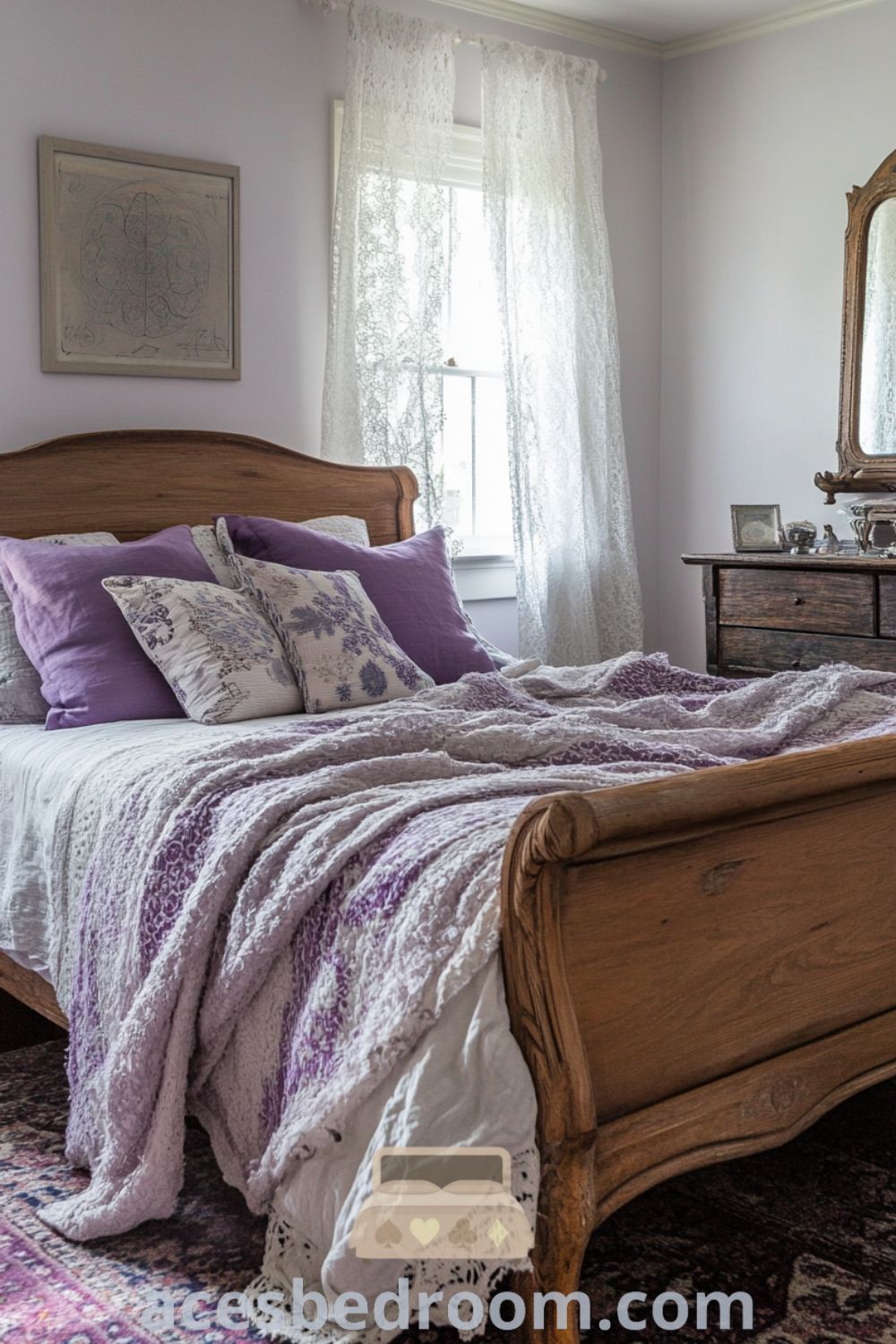 Cozy bedroom retreat on acesbedroom.com featuring soft lavender walls, rustic wooden bed, vintage accents, and unique decor ideas for a warm and sophisticated look.
