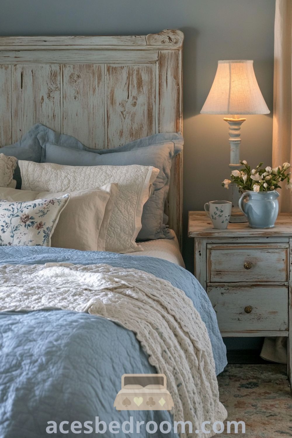Cozy French country bedroom featuring a soft blue hue, distressed wooden bed frame with a floral quilt, vintage nightstands with ceramic lamps, and linen drapes creating a tranquil atmosphere, showcased on acesbedroom.com.