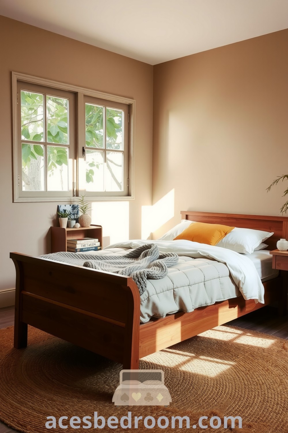 Cozy nature-inspired bedroom featuring earth-toned walls, a handcrafted wooden bed with natural fiber bedding, a wooden bookshelf filled with plants, and a woven jute rug, designed to create a warm and inviting atmosphere, showcased on acesbedroom.com.