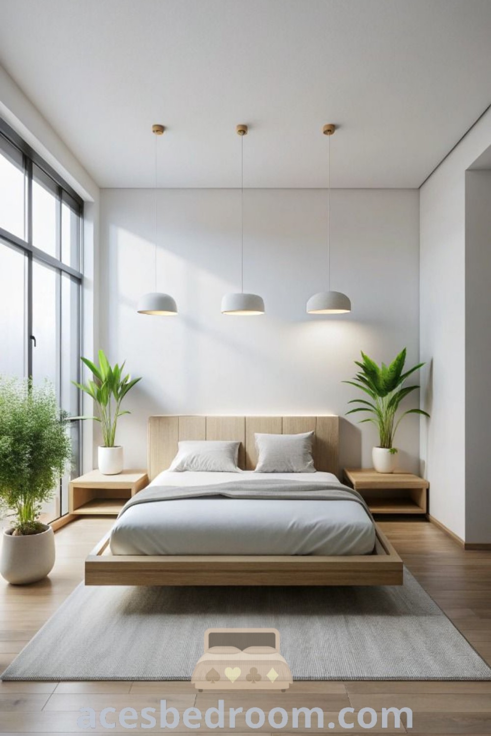 A minimalist bedroom with a large Thuma bed by a window, surrounded by potted plants, showcasing white walls and Nordic style elements. This cozy design offers decor ideas perfect for small bedroom layouts and inspiring spaces, with unique touches that promote tranquility. Explore more sophisticated bedroom inspirations at acesbedroom.com.