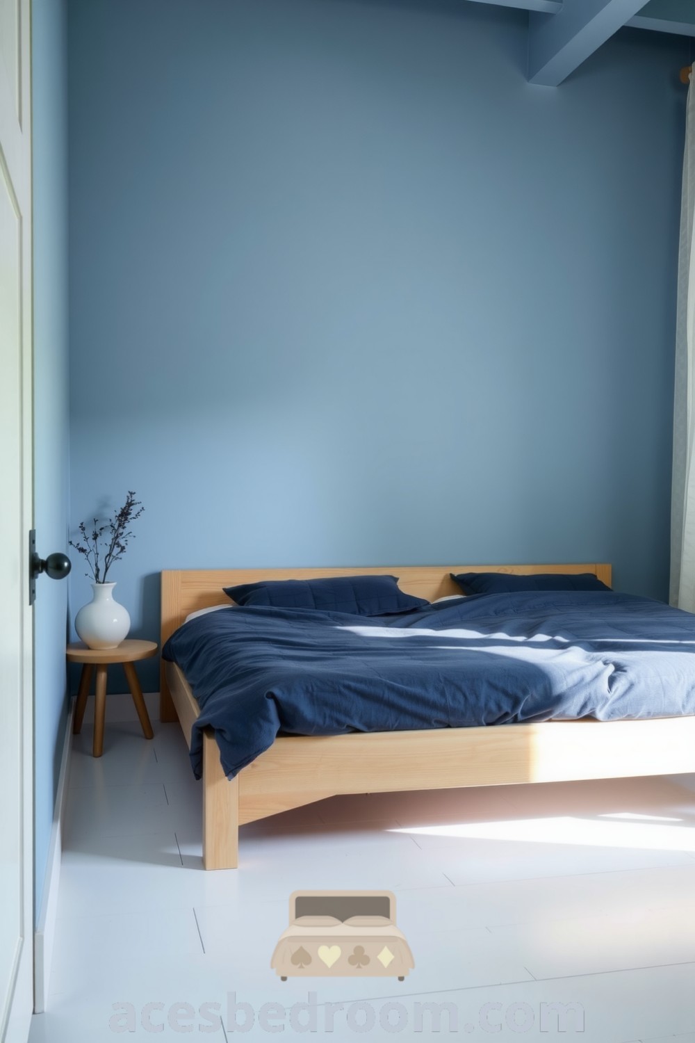 Cozy minimalist bedroom featuring soft blue walls, a natural wood bed frame, navy duvet, whitewashed floorboards, sheer curtains, and a handcrafted ceramic vase on the nightstand, providing inspiring cozy ideas for a warm and sophisticated look, showcased on acesbedroom.com.